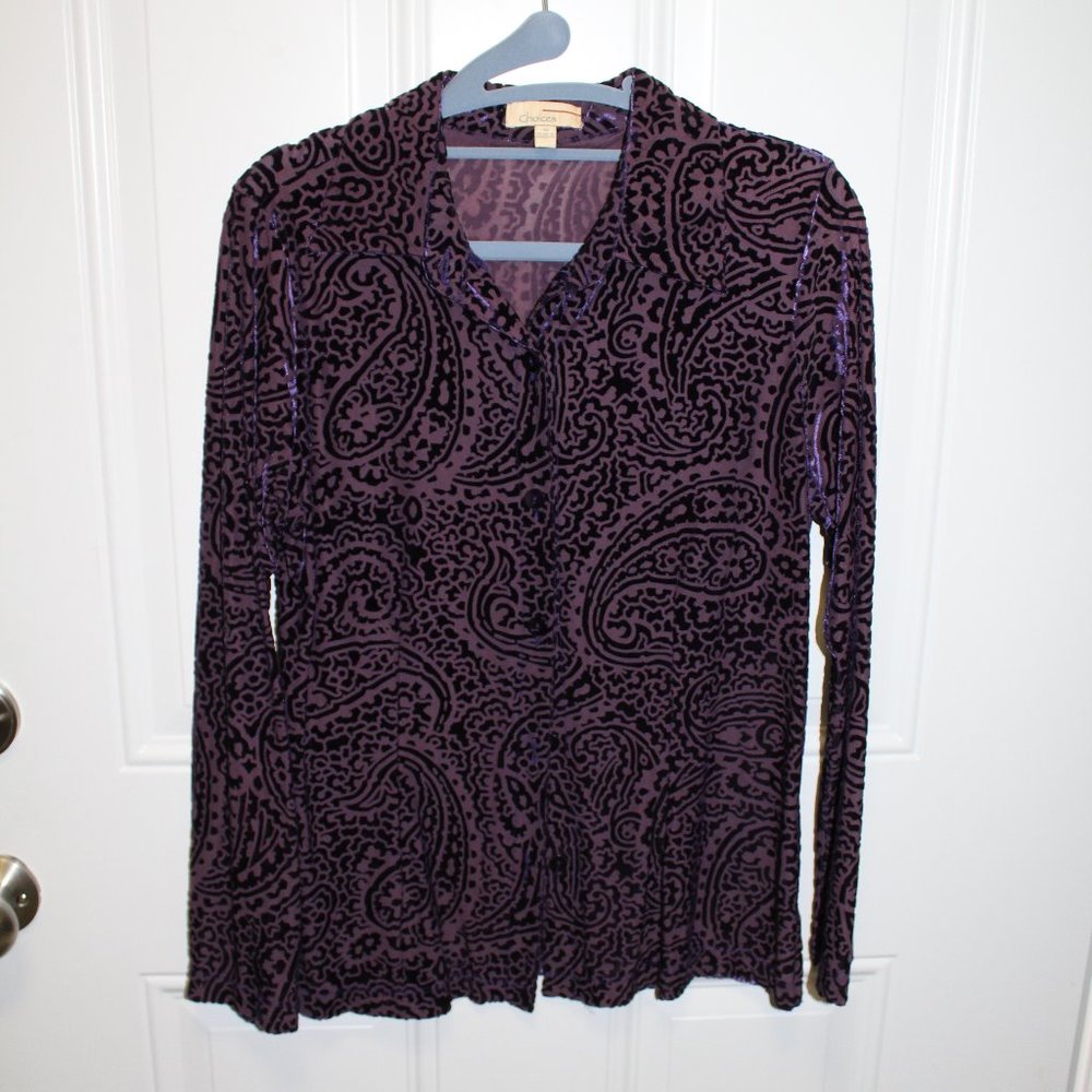 Purple Velvet Paisley translucent button up Blouse Sz M